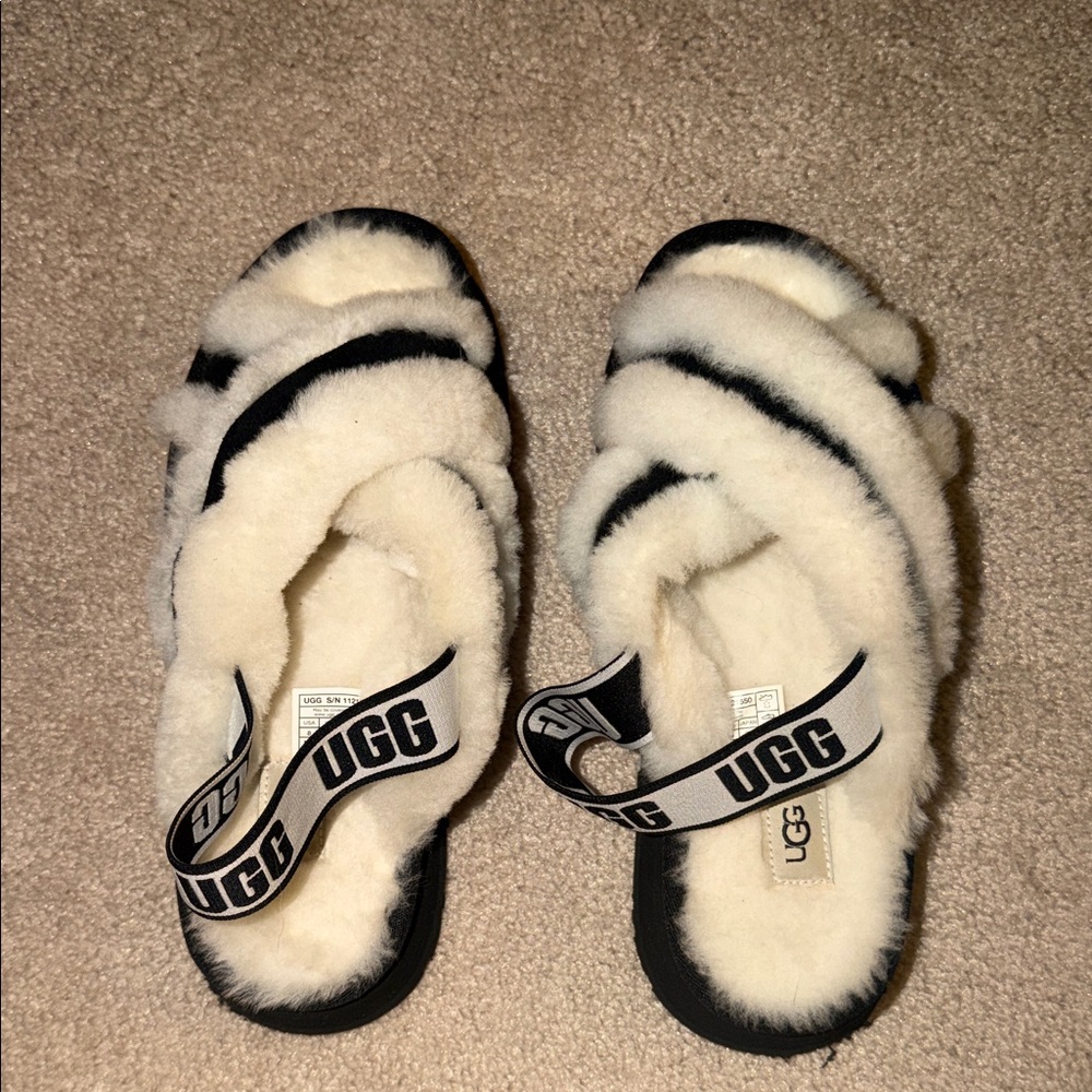 UGG Cream and Black Fluffy Sandals